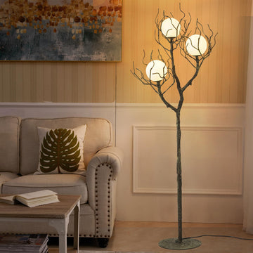 Tree Branch Floor Lamp, 3-Light Gothic Moon Branch Floor Lamp, Wood Grain Resin & Metal Base for Farmhouse, Bedroom