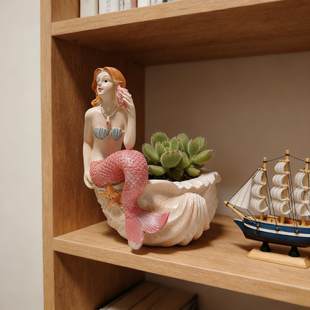 Mermaid Resin Planter Statue, Conch Base Succulent Flower Pot Garden Nautical Decor (Pink)