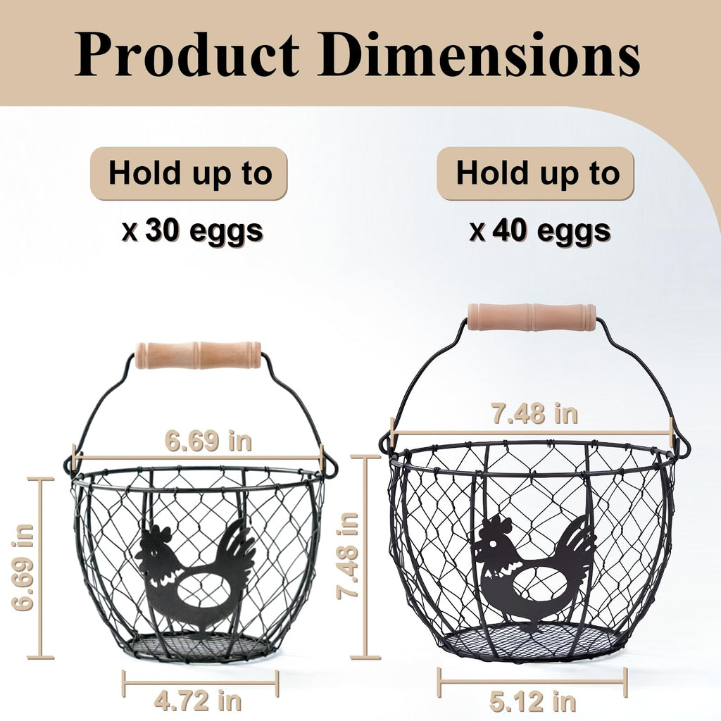 Wire Egg Basket Set of 2, Rooster Design Wooden Handle Farm Egg Storage 6.5in & 7.5in