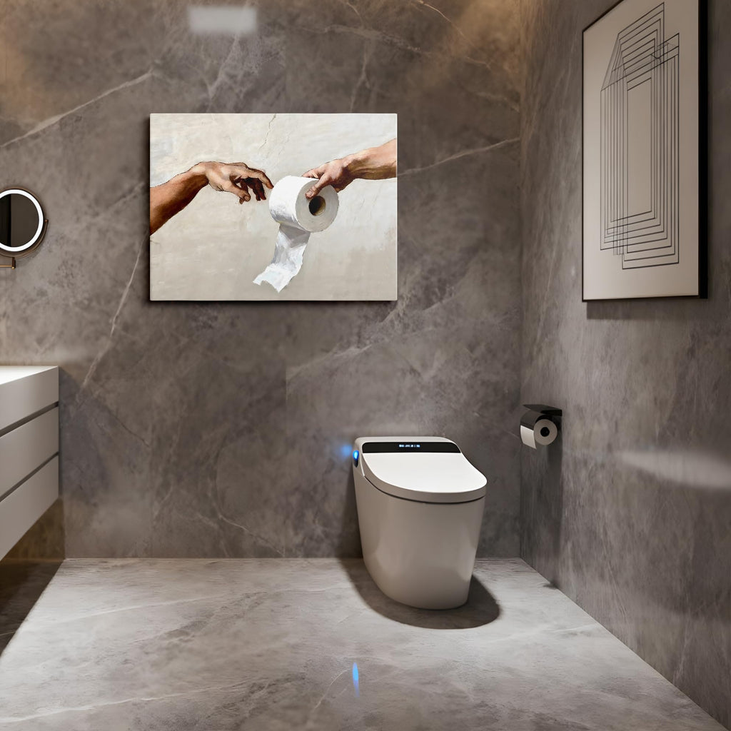 Funny Toilet Paper Wall Art, Michelangelo's Creation of Adam Parody with Toilet Paper Roll, Humorous Bathroom Canvas