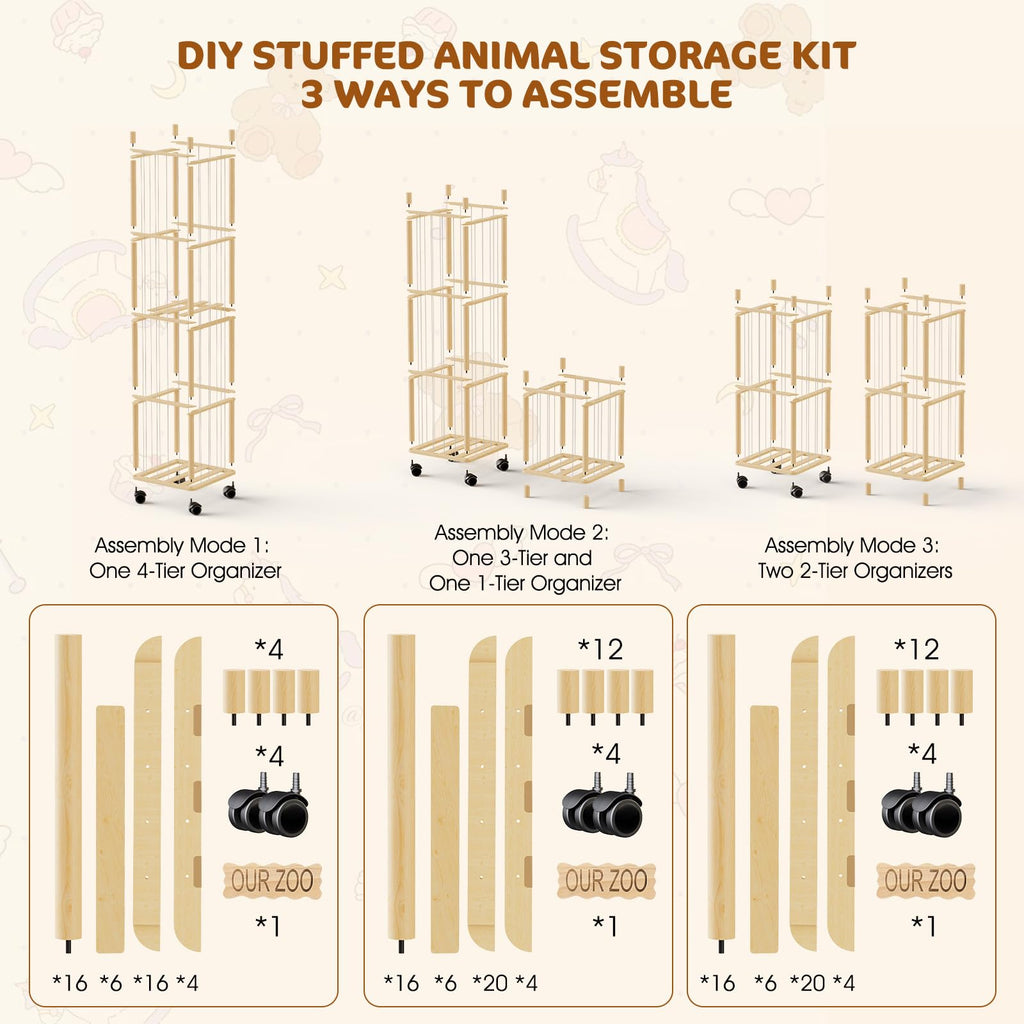 DIY Stuffed Animal Storage Kit, Adjustable 1-4 Tier Stuffed Animal Organizer with Wheels, Large Plushies Storage for