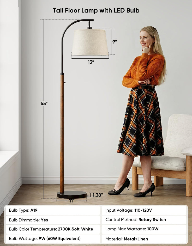 Dimmable Floor Lamp, 65" Tall Metal Standing Lamp with LED Bulb, Mid Century Modern Arc Floor Lamp with Linen Shade
