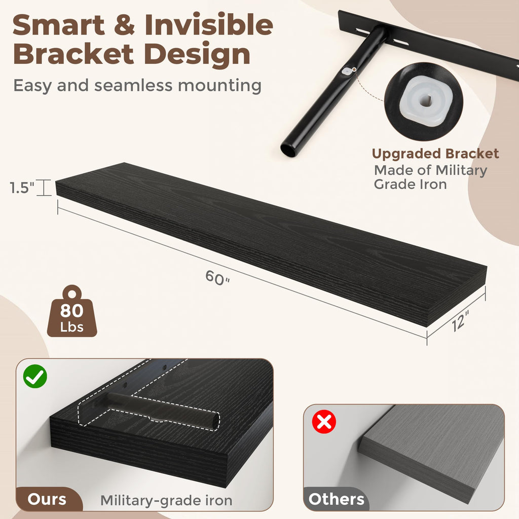 12 Inch Deep Floating Shelves, 60 Inch Long Extra Large Floating Shelves, Wall Shelves with Invisible Bracket