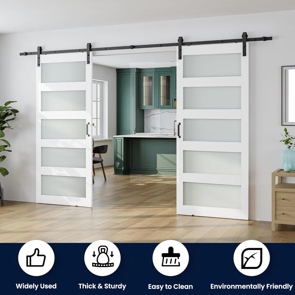 72 x 84 in (Double 36×84 Door) Glass Barn Door with 12FT Sliding Hardware Kit & Handle, Pre-Drilled 