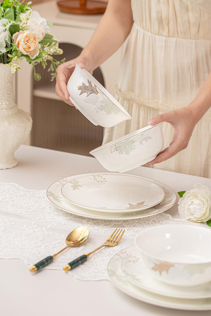 Stoneware Dinnerware Set for 4, 12 Pcs Plates and Bowls, Maple White