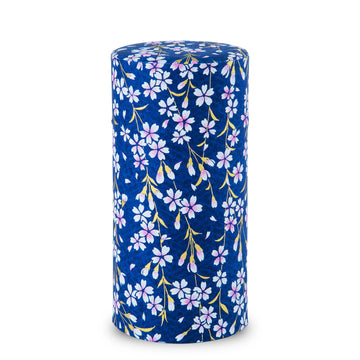 Japanese Tea Canister Tin (Yuzen Washi Paper - Sakura of Kyoto/Navy), 7.06oz Size/Made in JAPAN with Includes Inner