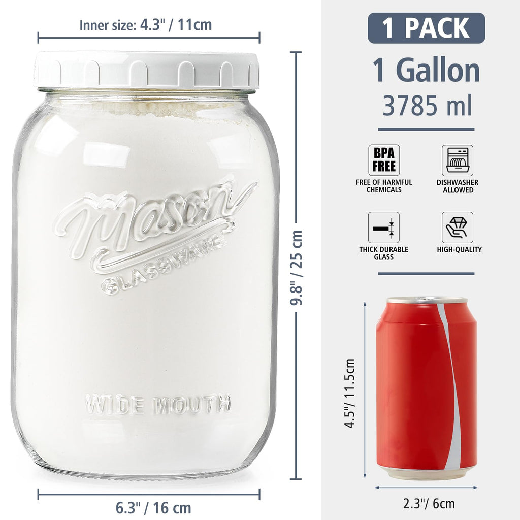 1 Gallon Large Mason Jars with Lid, Glass Flour Storage Containers, 128 OZ