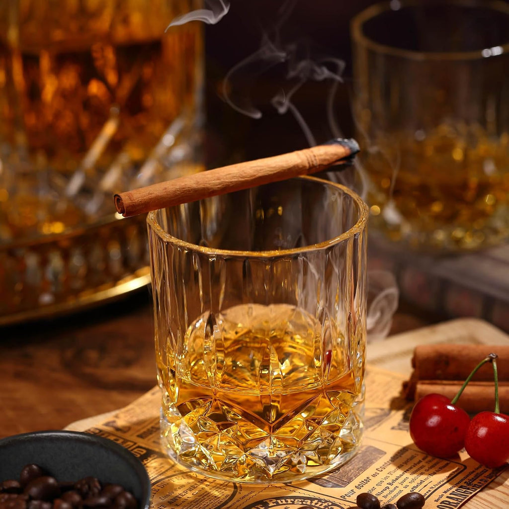 Crystal Whiskey Decanter Set In Gift Box - Includes 4 Crystal Whiskey Glasses and 4 Big Ice Ball Molds - Unique - Set of 9