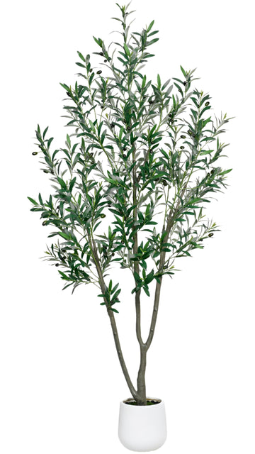 7FT Olive Trees Artificial Indoor, Fake Plants with White Tall Planter, Olive Tree with Natural Wood Trunk and