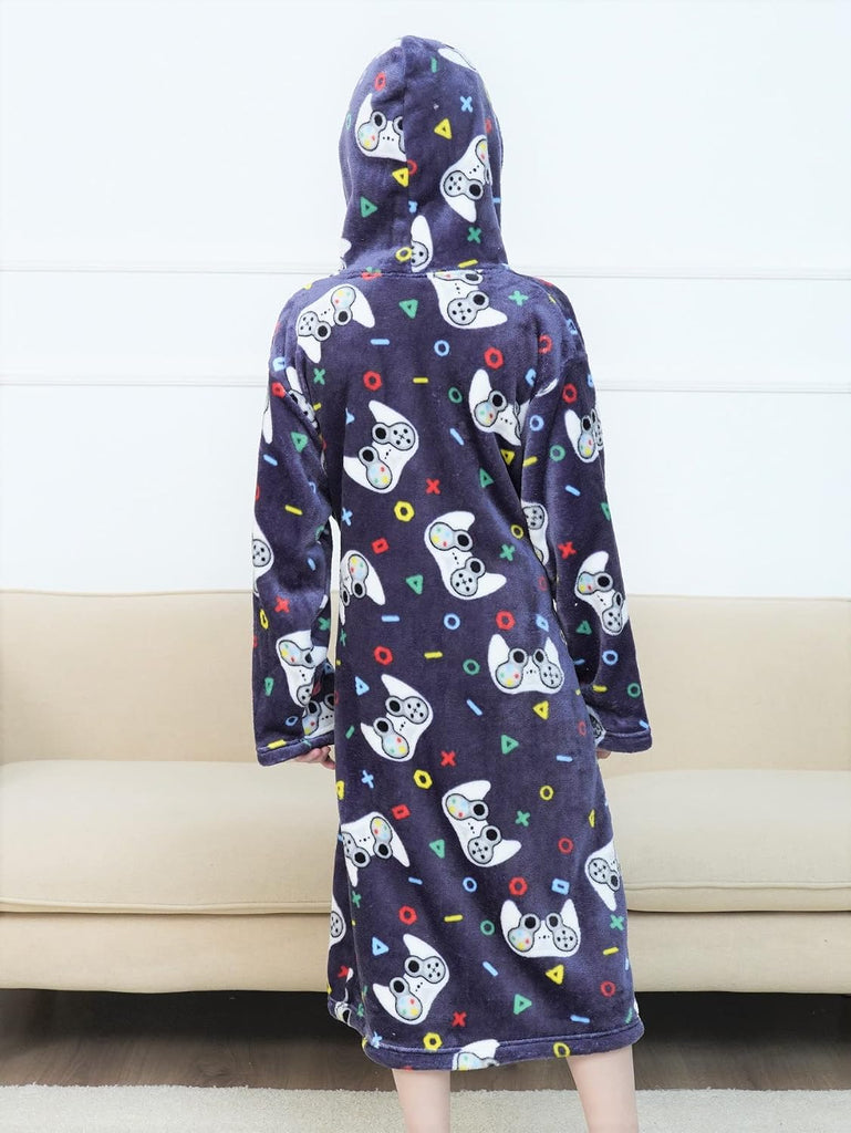 Boys Soft Hooded Bathrobe Kids Warm Gamer Fleece Robe Sleepwear