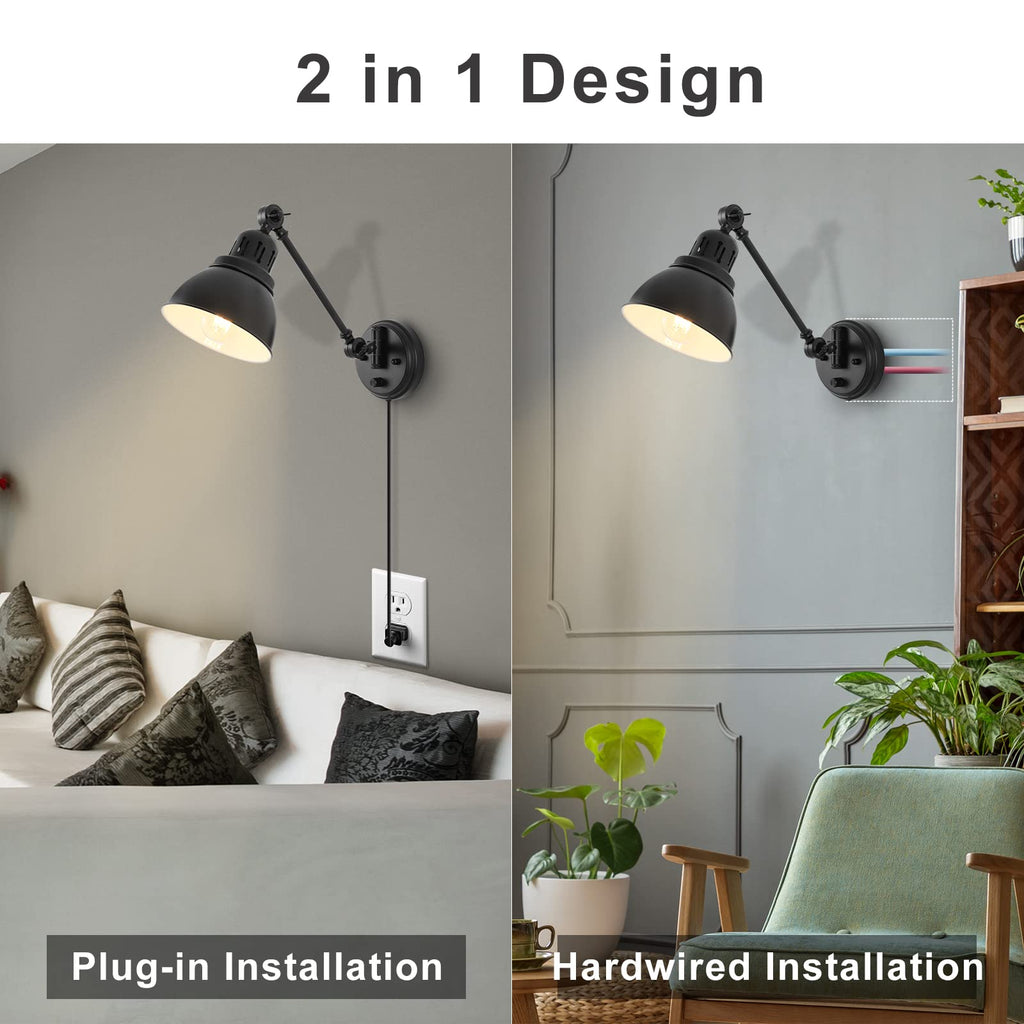 Plug in Wall Sconces, Wall Sconce Lighting with Dimmable On Off Switch, Swing Arm Wall Lamp, Black Metal Industrial