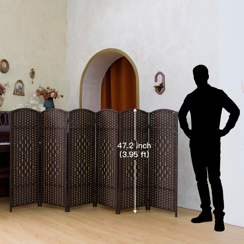 Compact 6 Panel Short Room Divider, 47.2 Inch Tall Double-Sided Rattan Folding Privacy Screen, Dark Brown