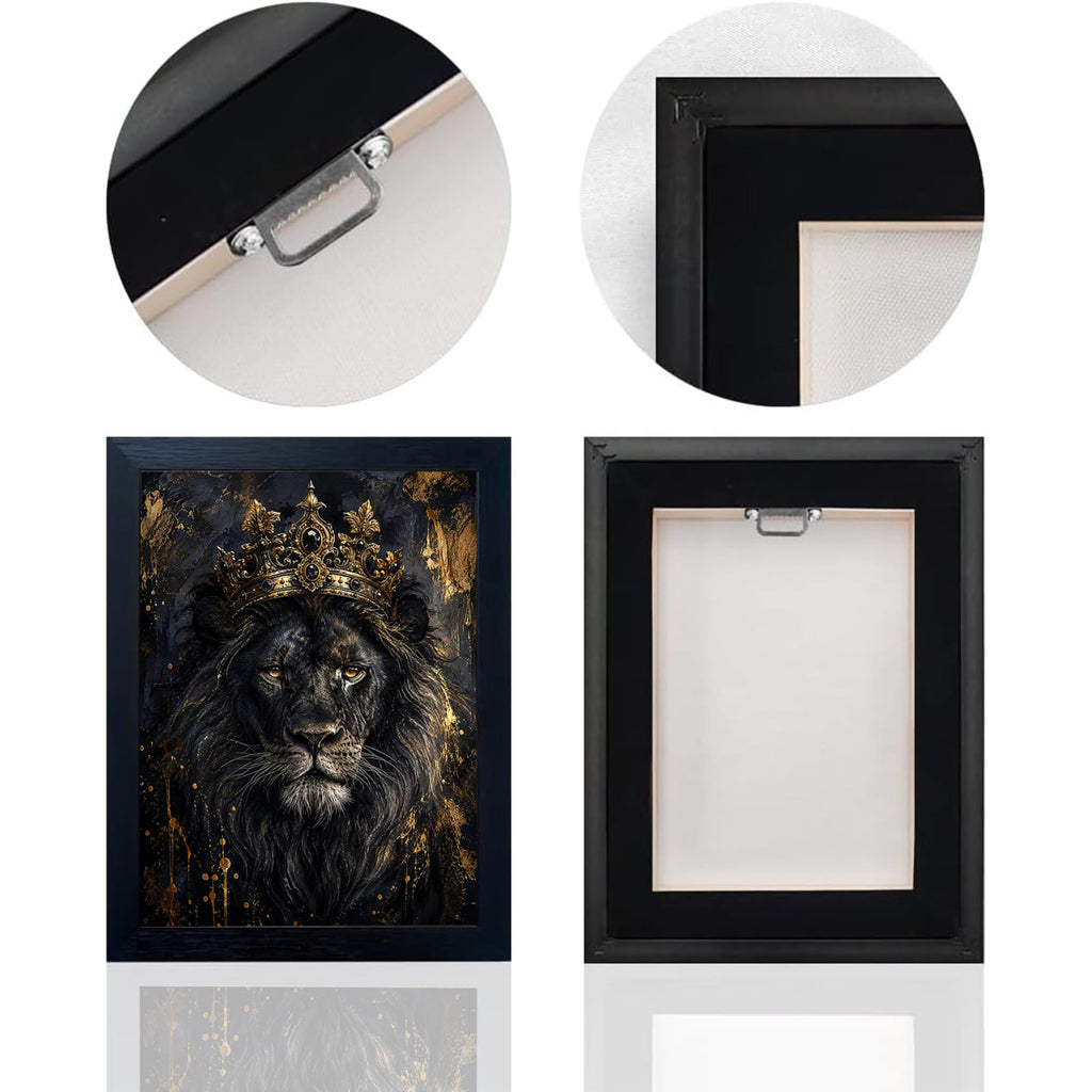 Crowned Lion Decor Wall Art, Black and Gold Animal Picture 16"x20"