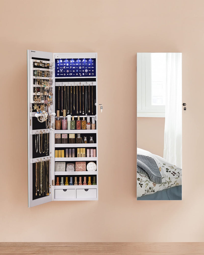 Mirror Jewelry Cabinet Armoire, Wall or Door Mounted, Lockable