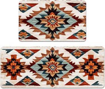 Rustic Navajo Kitchen Rugs Set of 2, Aztec Geometric Cotton Blend Linen Non Slip Kitchen Floor Mats Bedroom Bathroom
