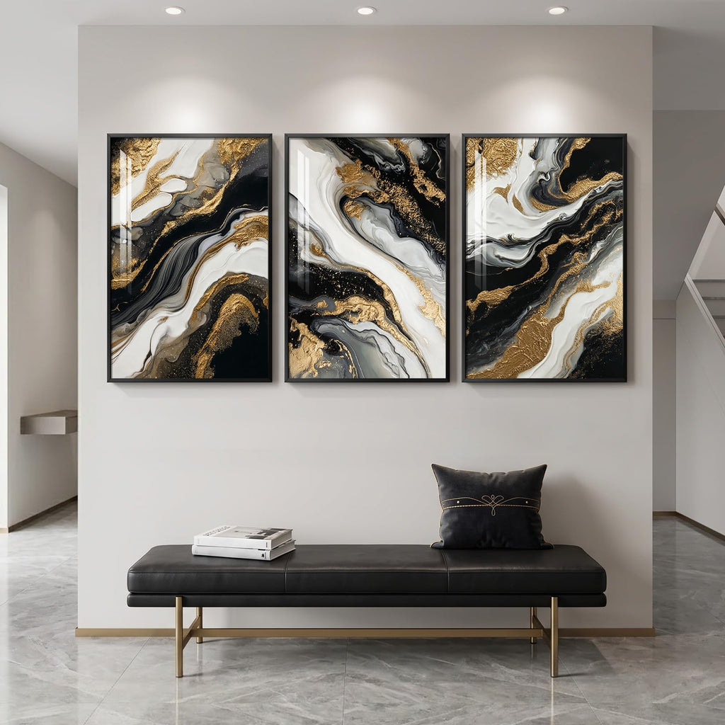 Large Framed Black Gold White Abstract Wall Art, Each 24x36