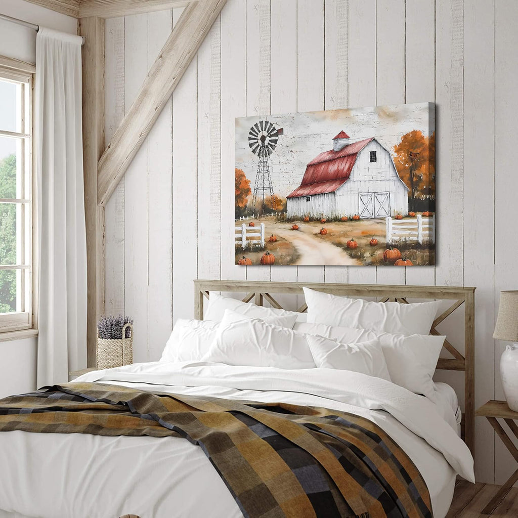 Country Autumn Landscape Canvas Wall Art Farmhouse Barn Windmill Pictures Wall Decor Kitchen Bedroom Fall Decorations