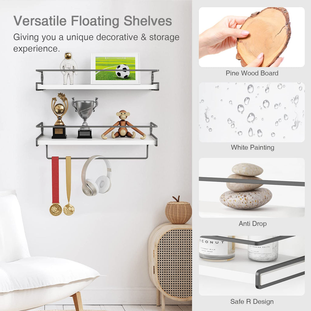 White Floating Shelves Organizer Over Toilet, Bathroom Shelves Wall Mounted with Towel Rack, Corner Wall Shelf Decor