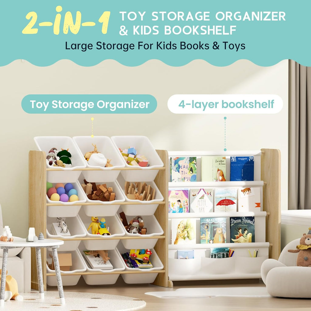 Kids Toy Storage Organizer - Toy Organizer with Bookshelf, Toy Storage with 12 Toy White Bins and 4 Book Shelves, Toy