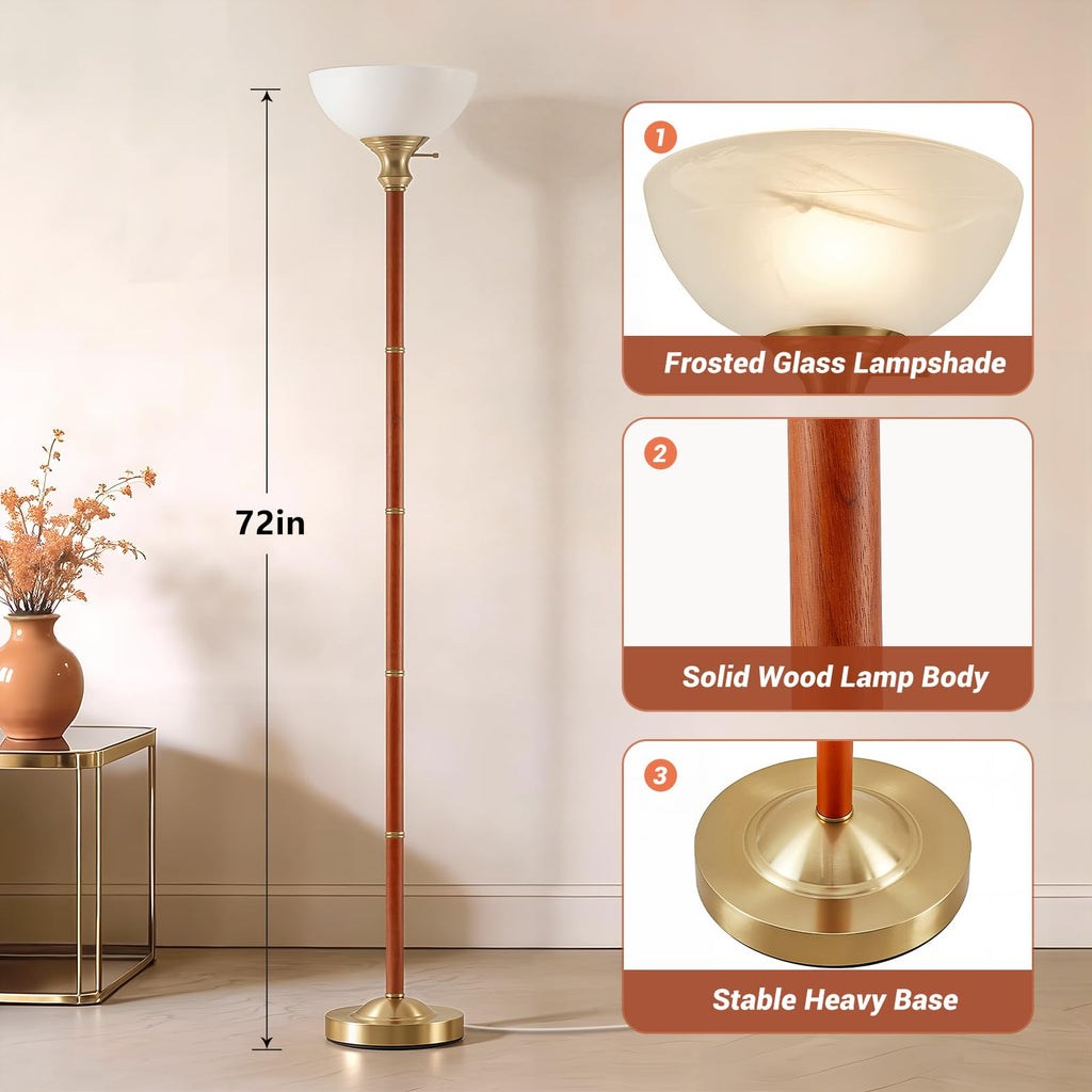 72" Wood Torchiere Floor Lamp with Glass Shade Gold Standing Lamp