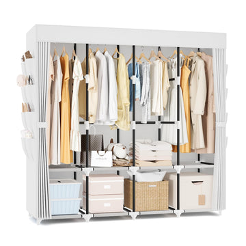 Portable Closet for Hanging Clothes, 67 Inch Wide Portable Wardrobe Closet with Cover, 4 Hanging Rod, Storage Shelves