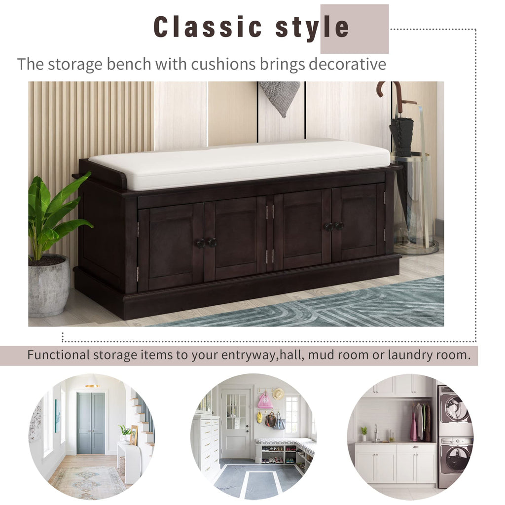 Farmhouse Storage Bench, Wood Storage Benches with Adjustable Shelves, Shoe Bench with Storage and Removable Cushion