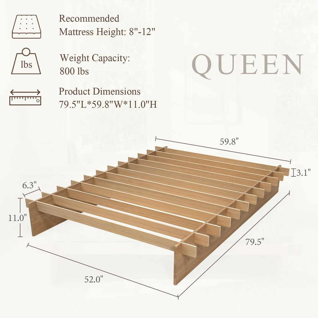 Wood Platform Bed Frame, Platform Bed Frame with Wooden Slats, 10 Min Tool Free Assembly, Japanese