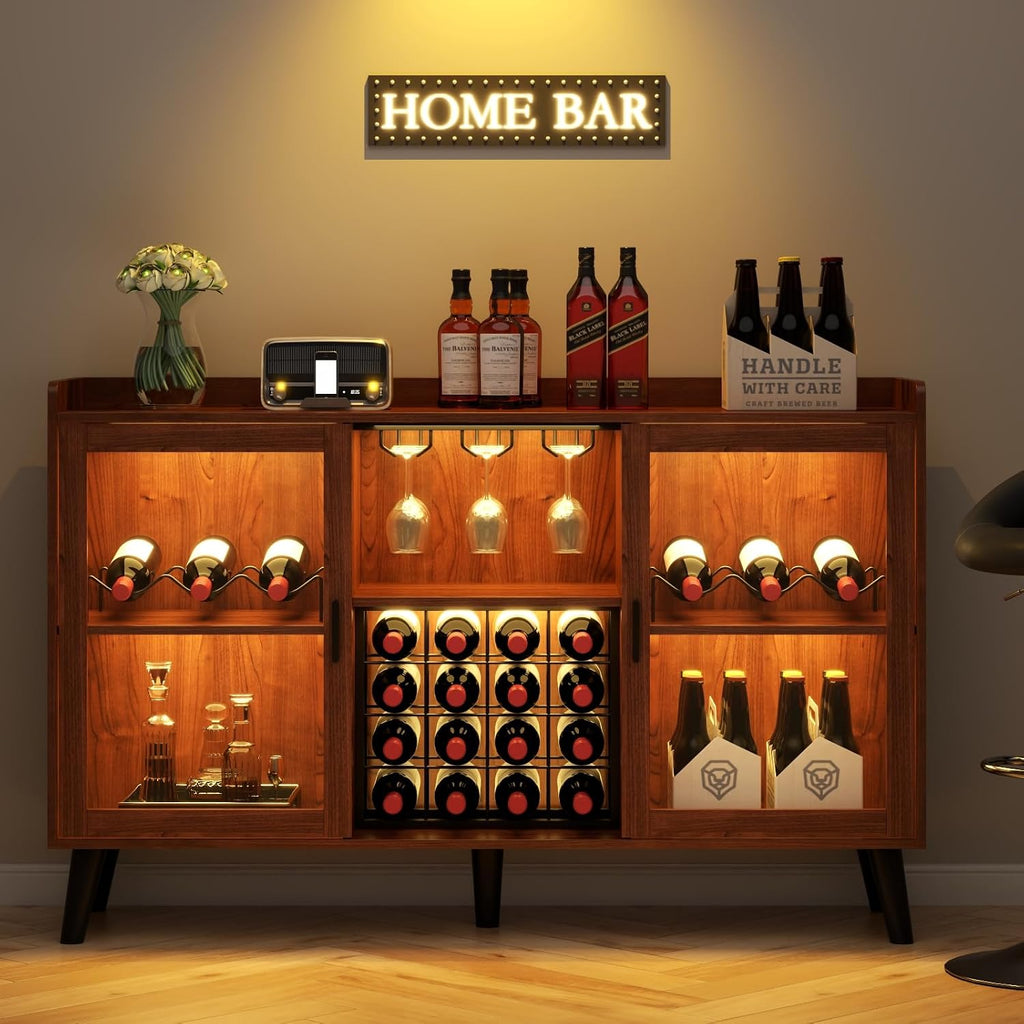 Wine Bar Cabinet with LED Light, Home Coffee Cabinet w/ Wine & Glass Holder | Kitchen Buffet Sideboard with Storage
