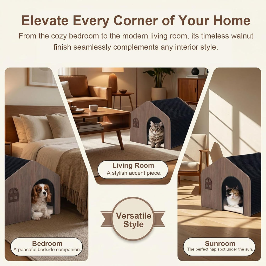 Wooden Indoor Cat House - E0 Grade Enclosed Cat Cave Bed