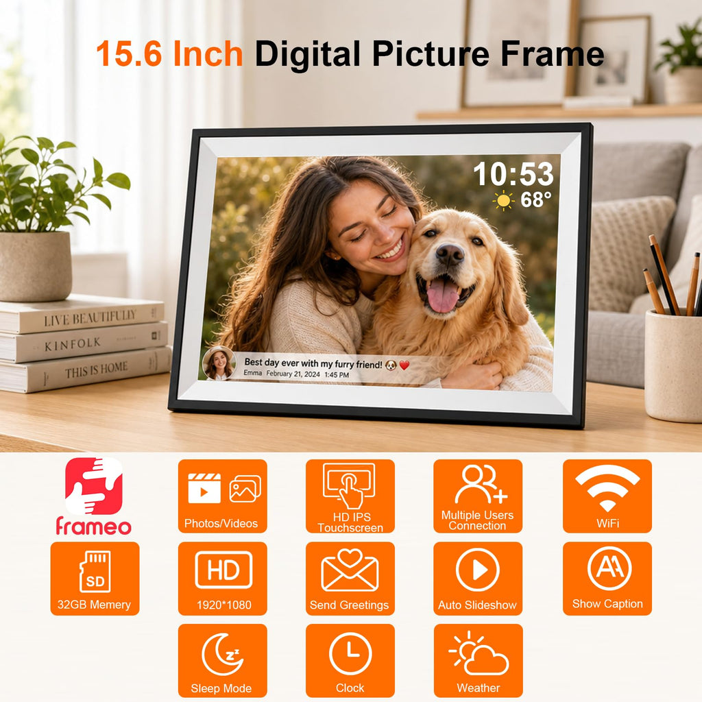 Digital Picture Frame, Frameo 15.6 Inch WiFi Digital Photo Frame, 1920x1080 HD IPS Touch Screen, 32GB Storage