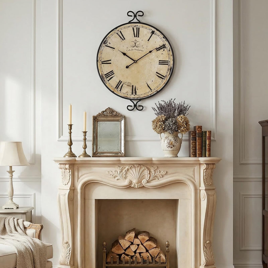 24 Inch Large Farmhouse Wall Clock, Wrought Iron Frame with Retro Gold Finish, Silent Battery Operated Wall Clocks
