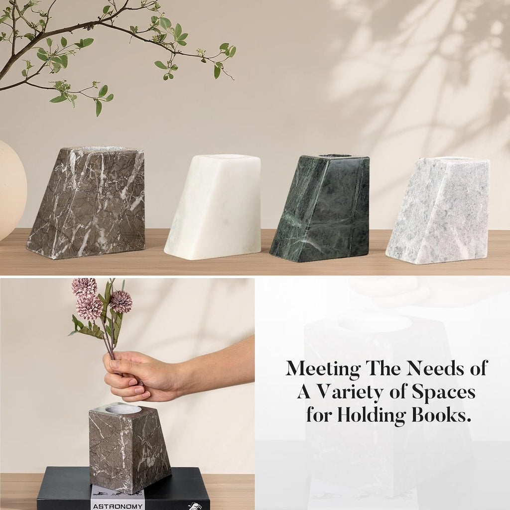 Marble Bookends Decorative, Natural Stone Book Stopper for Shelves, Unique Vase Book Ends Decoration (Gris Lido)