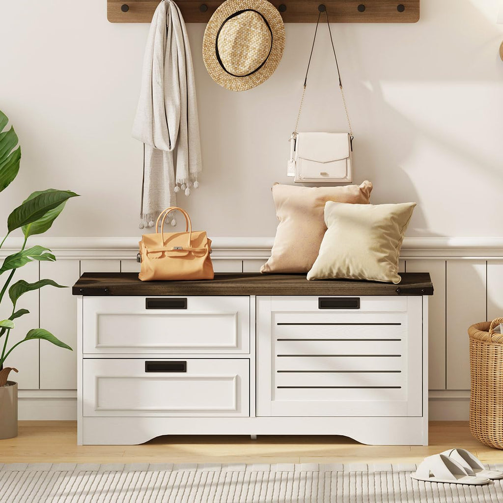 Shoe Storage Bench with Flip Drawer, Wooden Entryway Bench, Modern Shoe Cabinet with Removable Drawers (Walnut Brown