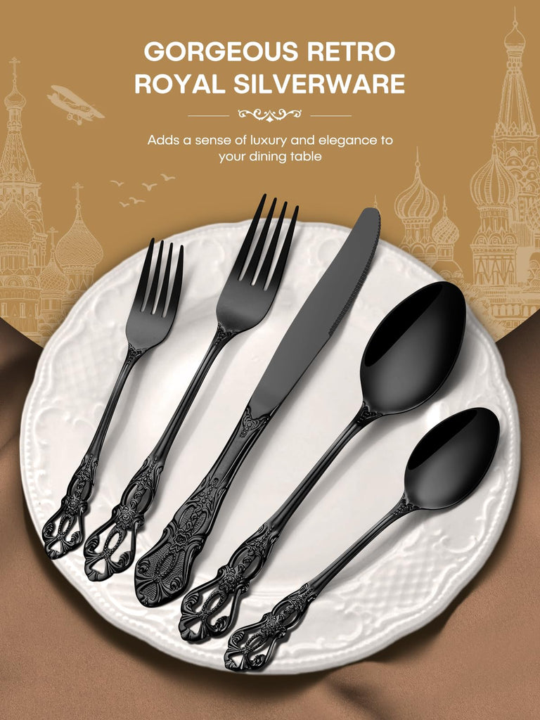 40 Pcs Black Silverware Set, Gorgeous Retro Royal Silverware Set for 8, Stainless Steel Mirror Flatware Cutlery Set