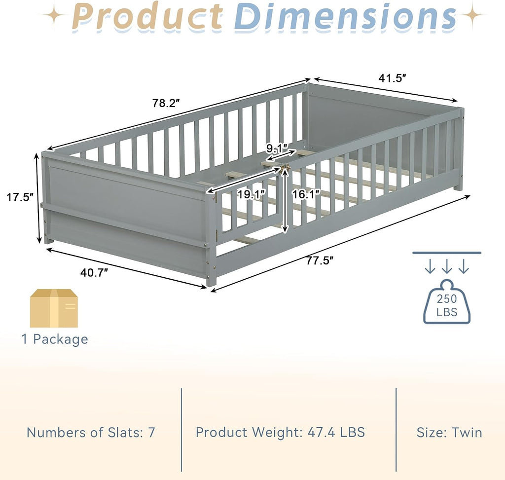 Toddler Floor Bed with High Rails, Wooden Montessori Bed Frame with Door & Built-in Book Rack, Twin Size Bed Frame