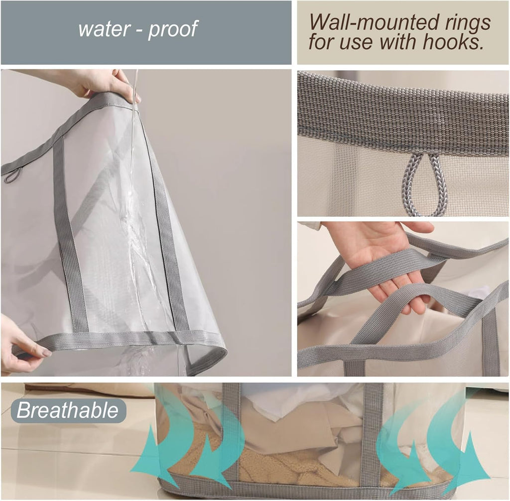 Mesh Bag with Handles, Collapsible Laundry Basket, Foldable Laundry Bag, Breathable Folding Beach Bag,Space-saving