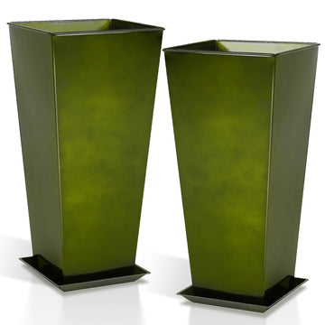 28" Large Metal Glazed Planter Set of 2, Luxurious Glossy Finish Green Tall Square Tapered Steel Plant Pots, Decor