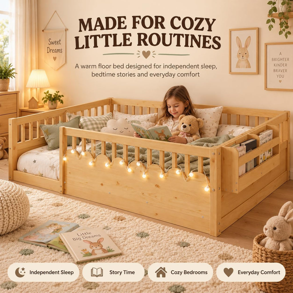 Montessori Floor Bed with High Rails, Floor Bed Frame for Kids, LED Lights & Storage Shelf, Safe & Wider