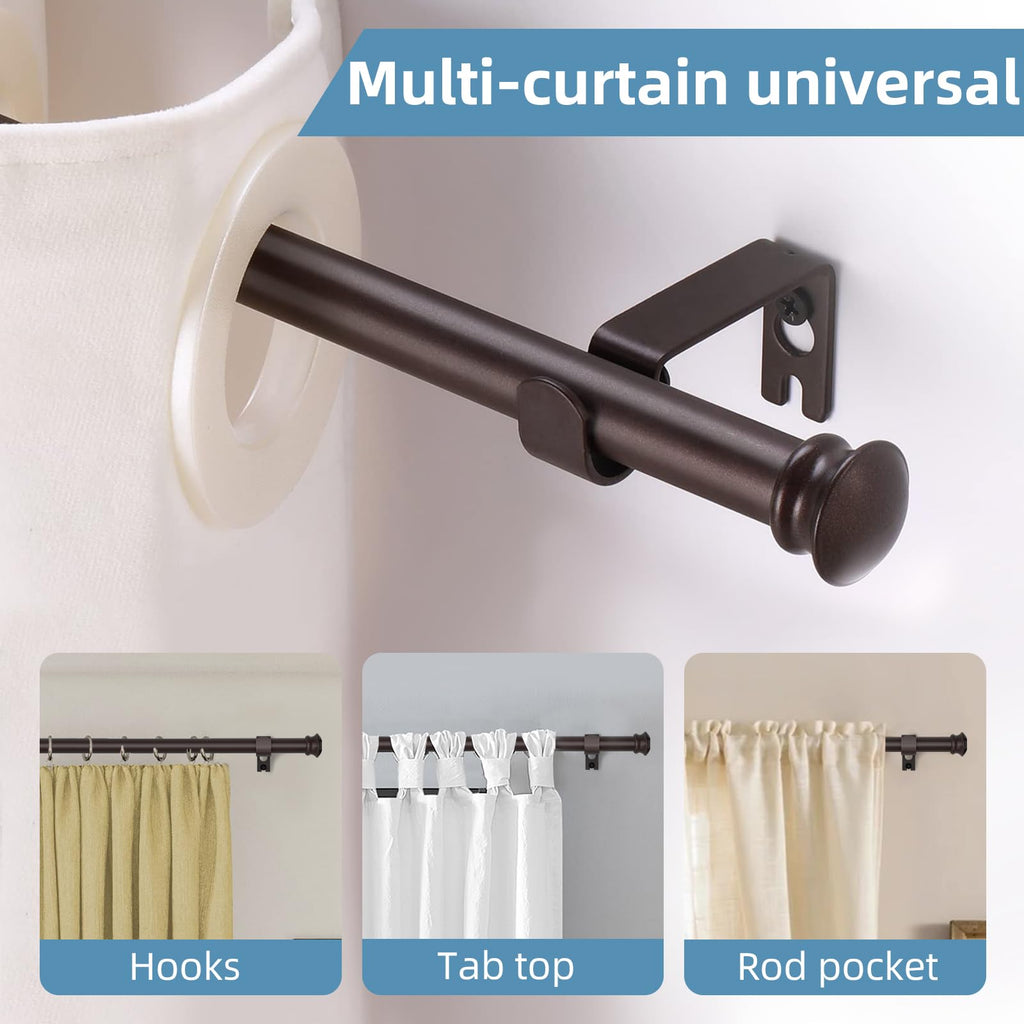 Bronze Curtain Rods for Windows 30 to 88 Inches with Brackets, Decorative 5/8 Inch Diameter Single Window Curtain Rod