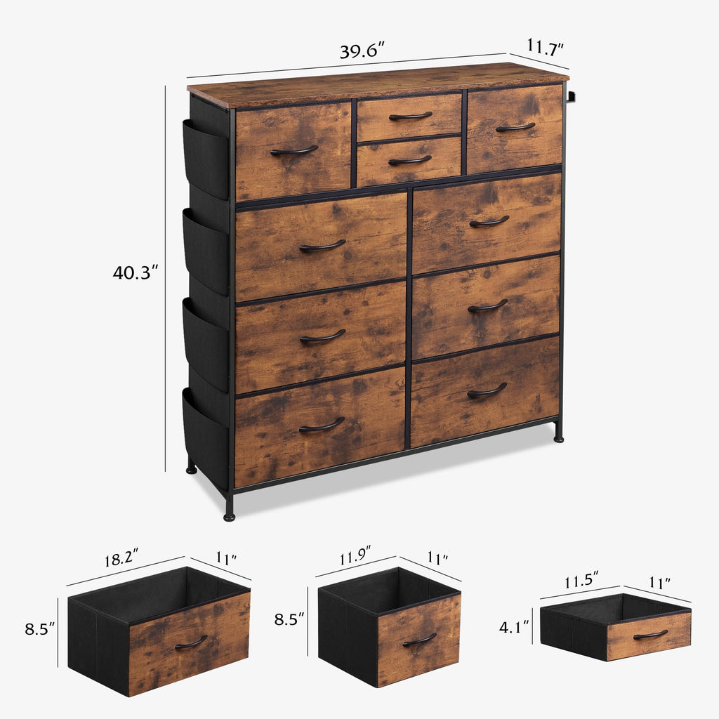 10 Drawer Fabric, Side Pocket Chest, Rustic Brown