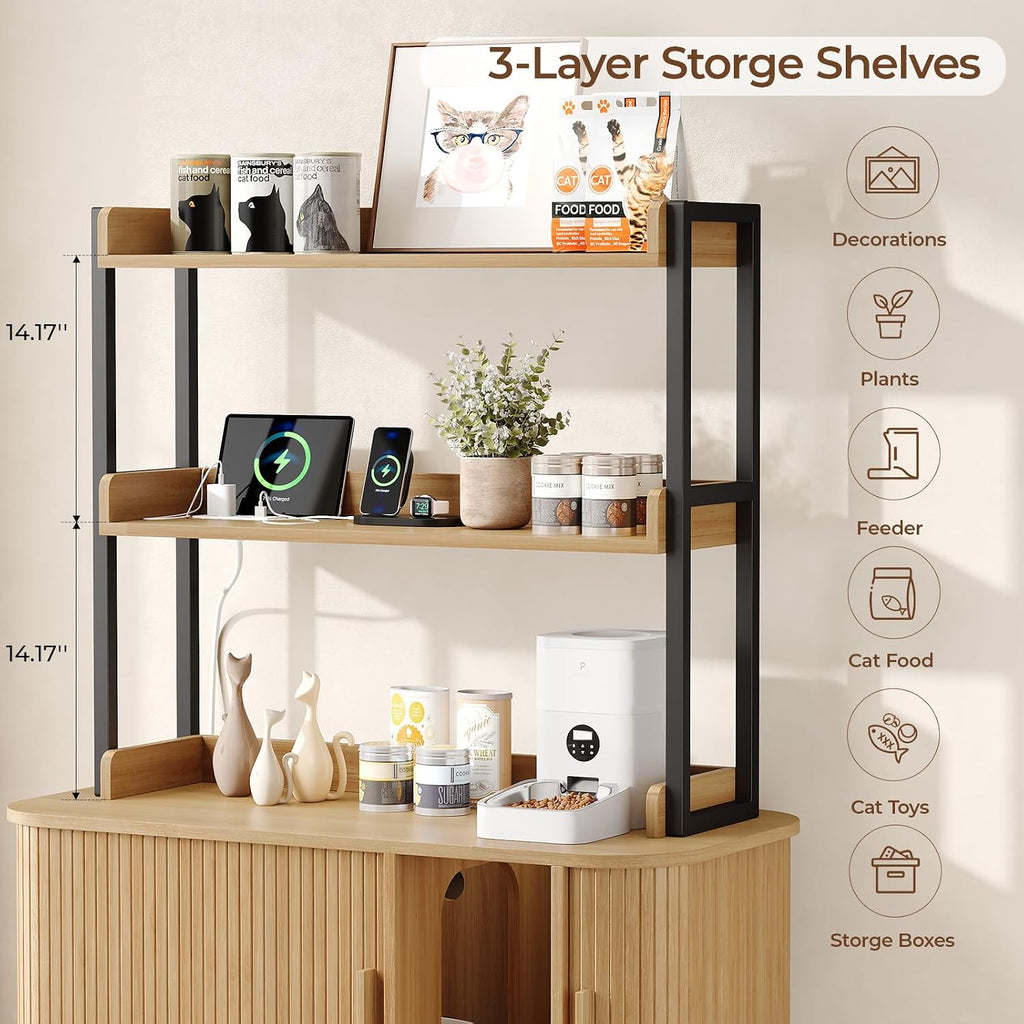 54 in Cat Litter Box Enclosure with Shelves&Charing Station, Oak