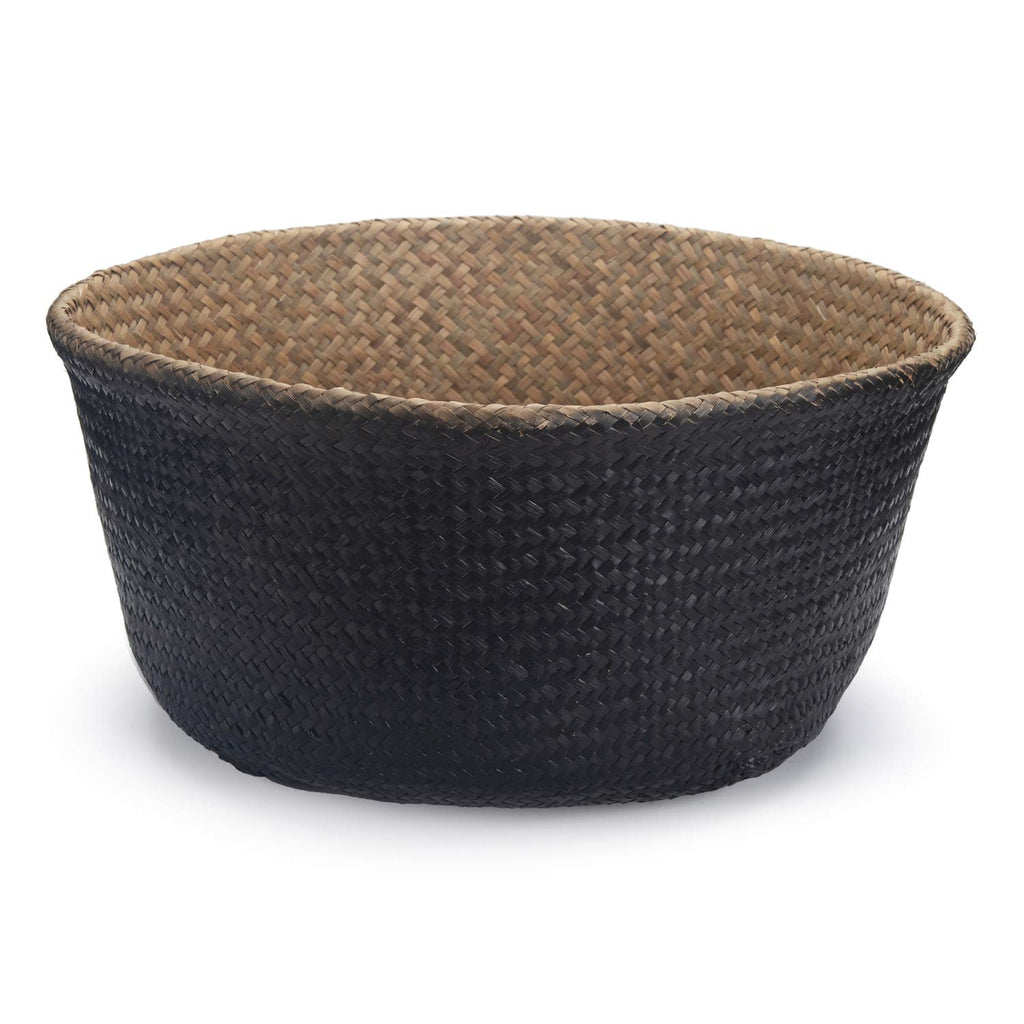 Seagrass Belly Basket with Handles Natural Woven Planter Baskets for Indoor Plants Storage Laundry (Black 8 inch D x