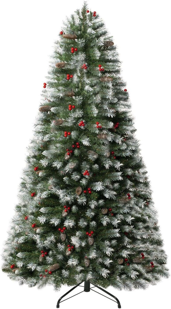 Vancouver 7.5ft Frosted Prelit Artificial Christmas Tree with Pine Cones,Faux Berries, Foot Pedal, 1346 Branch