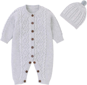 Baby Knitted Outfit Newborn Longsleeve Romper Cotton umpsuit with Warm Hat Set