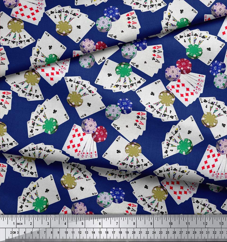 58 Inches Wide Cotton Poplin Fabric Poker Card Print Sewing Material by The Yard-Blue