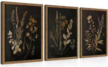 Framed Dark Botanical Wall Art Set of 3, Black Moody Floral Wall Decor Paintings, Dark Academia Decor, Vintage Flower