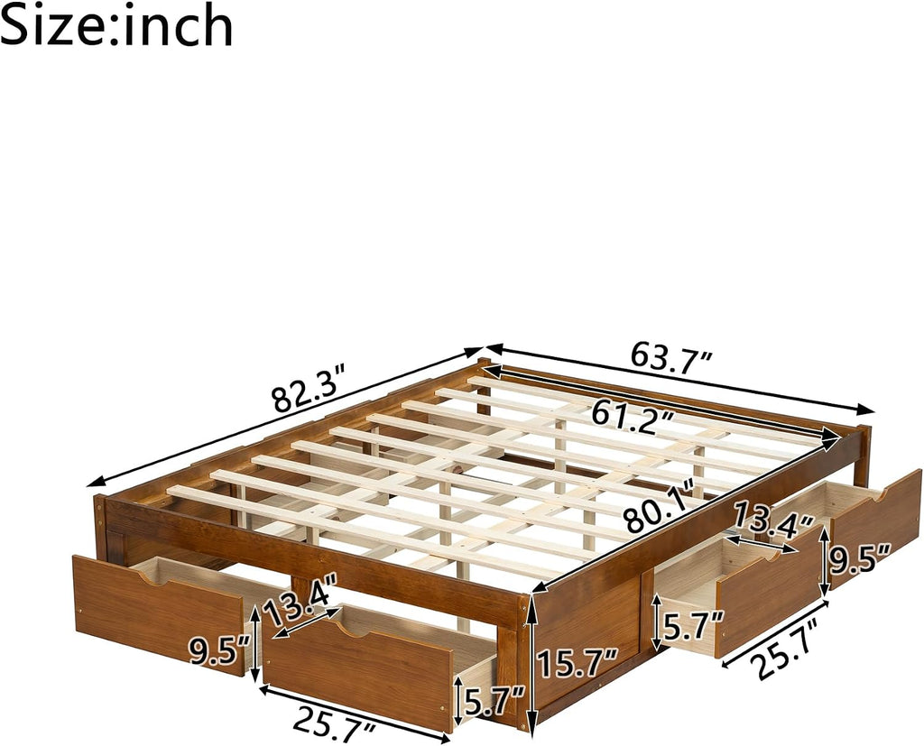 Wood Bed Frame with 6 Storage Drawers, No Headboard, Walnut