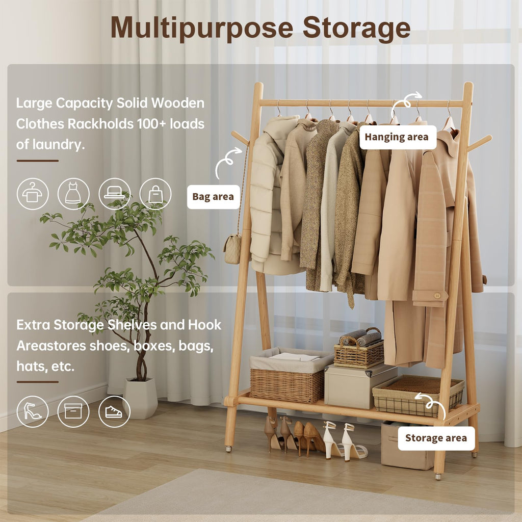 Solid Wood Clothing Rack On Wheels for Hanging Clothes, Natural