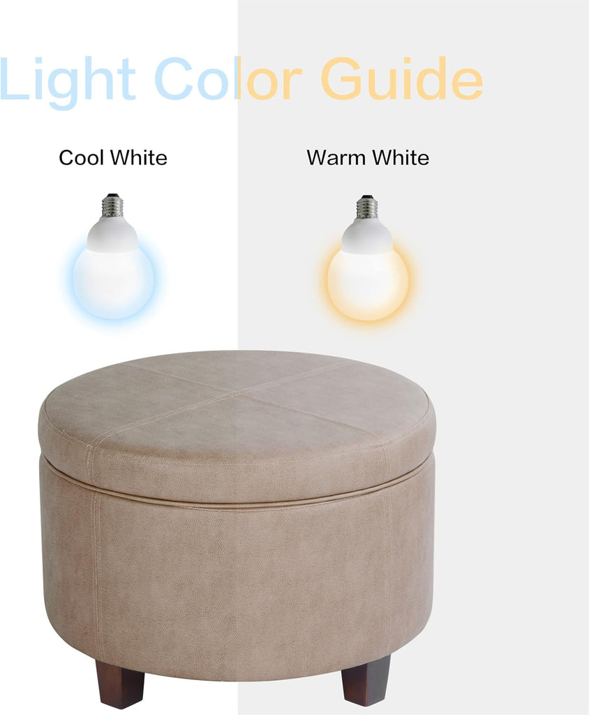 Home Decor | Upholstered Faux Leather Round Storage Ottoman | Ottoman with Storage , Taupe Brown