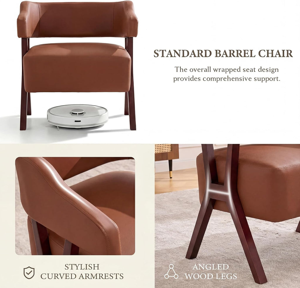 Faux Leather Barrel Accent Chair with Solid Wood Frame (Brown,2) - Set of 2